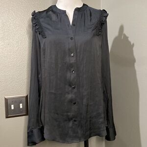Express Black Satin Button Down Blouse Feminine Ruffle Sleeve Details